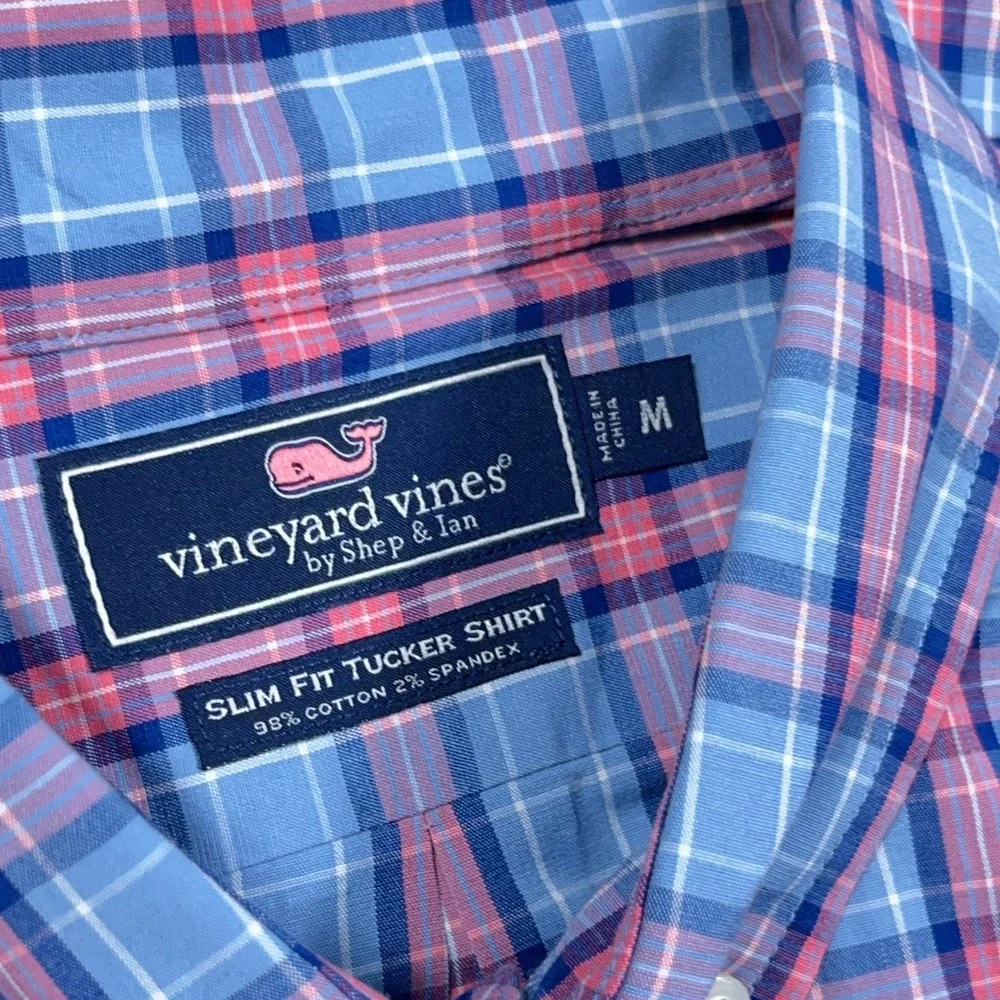 Vineyard Vines Shirt Men Medium Blue Pink Plaid Slim Fit Tucker Button Up Preppy - Picture 3 of 9